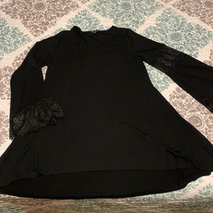 Long bell sleeve top with lace trim